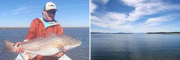 Justin Lesser holding large fish and view of Lake Champlain